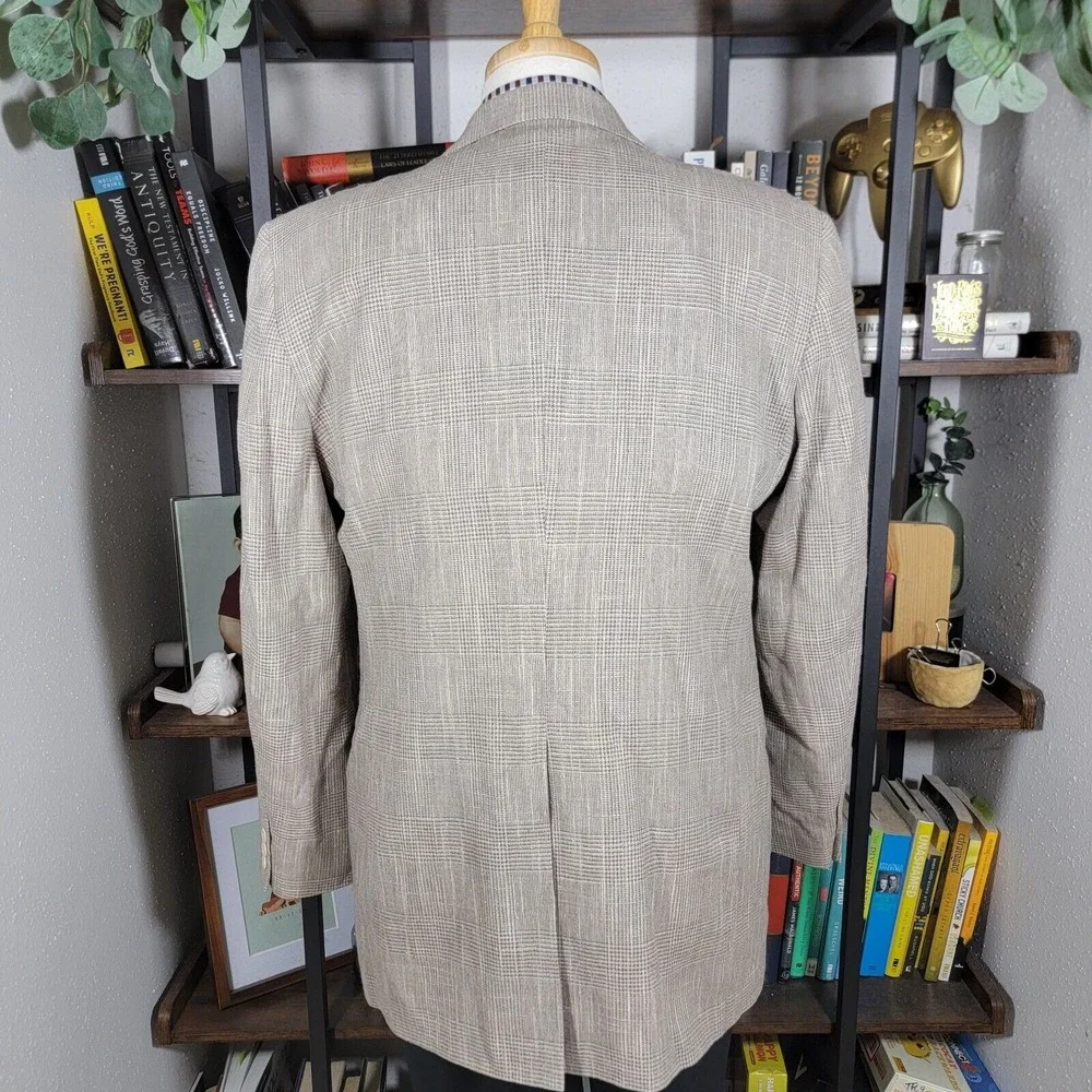 VTG Haggar Imperial Men's Sport Coat Blazer Two Button Gray‎ Beige Plaid 44L
